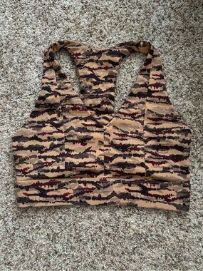 Fabletics Tan Black and Burgundy Patterned Racerback Sports Bra